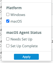 Filters available for the Agents page