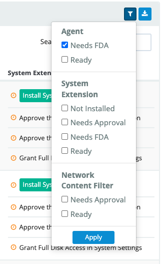 Filters for the Incomplete macOS Installations table
