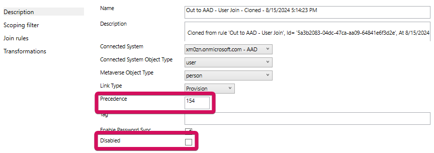 Cloned rule dialog with precedence number set and disabeld unchecked