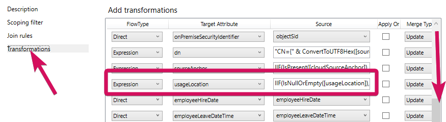 Transoformations section selected highlighting usageLocation rule for editing