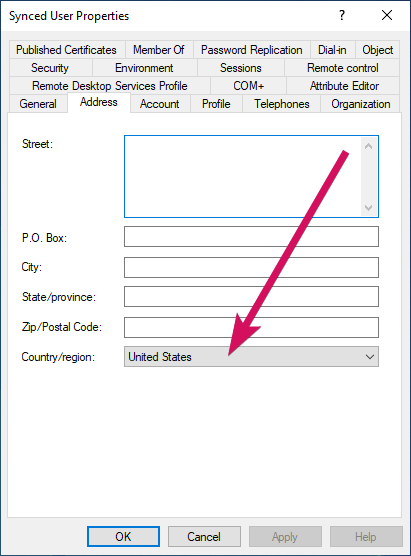 Active Directory User properties dialog showing Country selected as United States