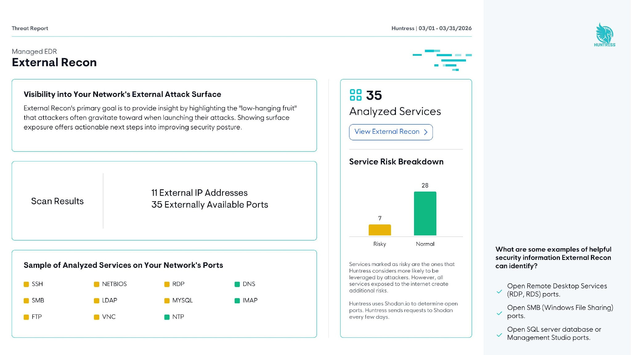 New External Recon page — externally visible services and risk breakdown