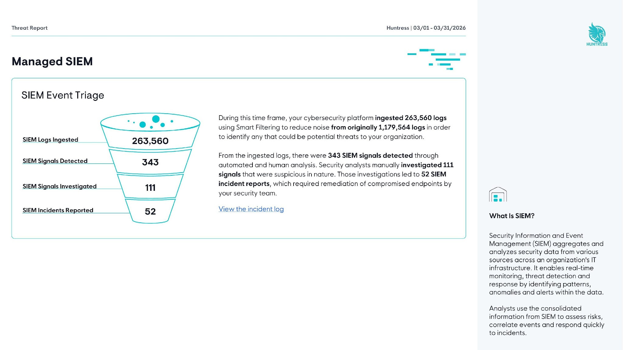 New Managed SIEM section — log ingestion, signals, and incident reporting